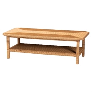 Pemberly Row Light Honey Braided Rattan Coffee Table with Open Shelf