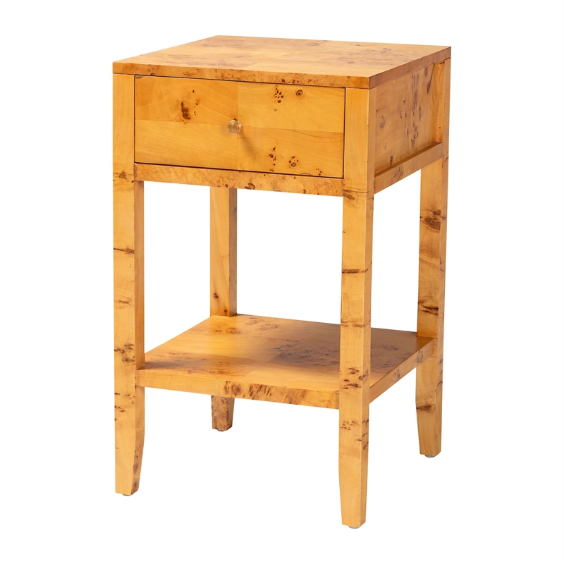 Pemberly Row Natural Mappa Burl Wood 1-Drawer Nightstand with Open Shelf