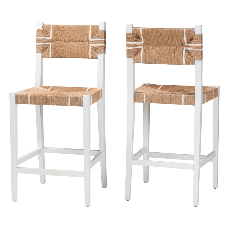 Pemberly Row Paper Loom and White Mahogany Wood 2-Piece Bar Stool Set