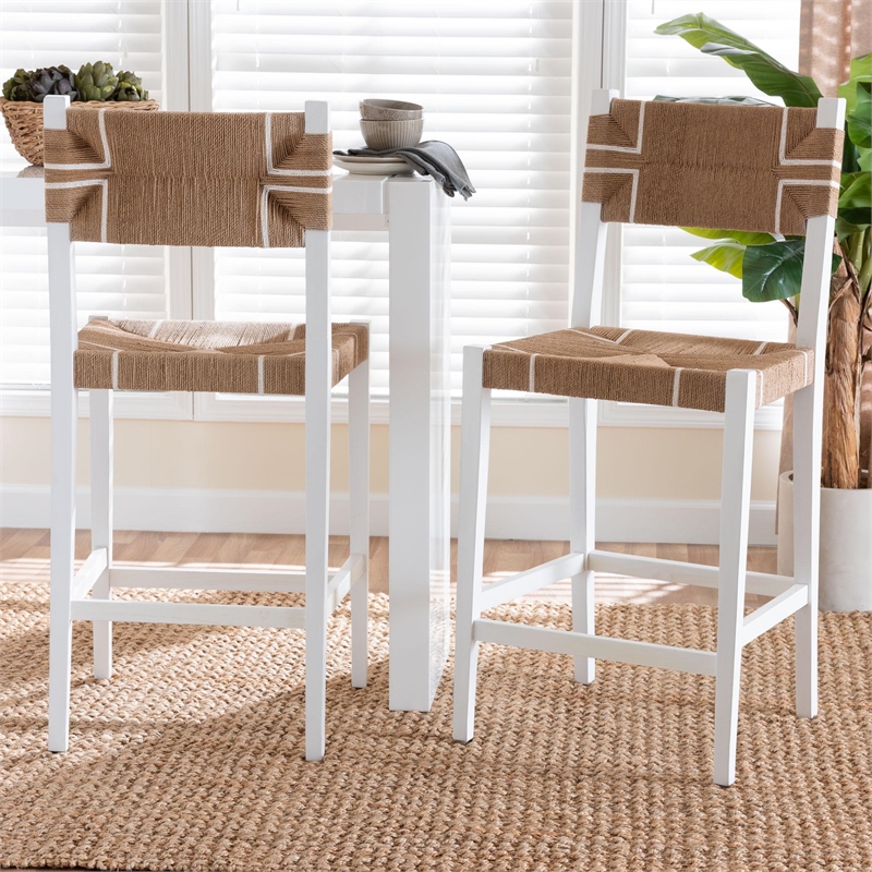 Pemberly Row Paper Loom and White Mahogany Wood 2-Piece Bar Stool Set