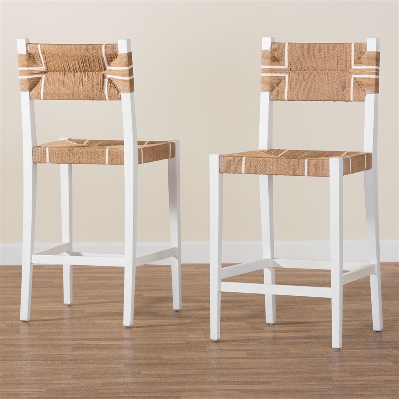 Pemberly Row Paper Loom and White Mahogany Wood 2-Piece Bar Stool Set