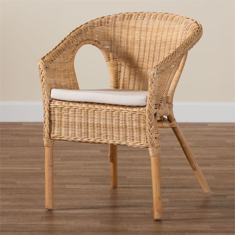 Pemberly Row Natural Rattan Dining Chair with Braided Outline and Cushion