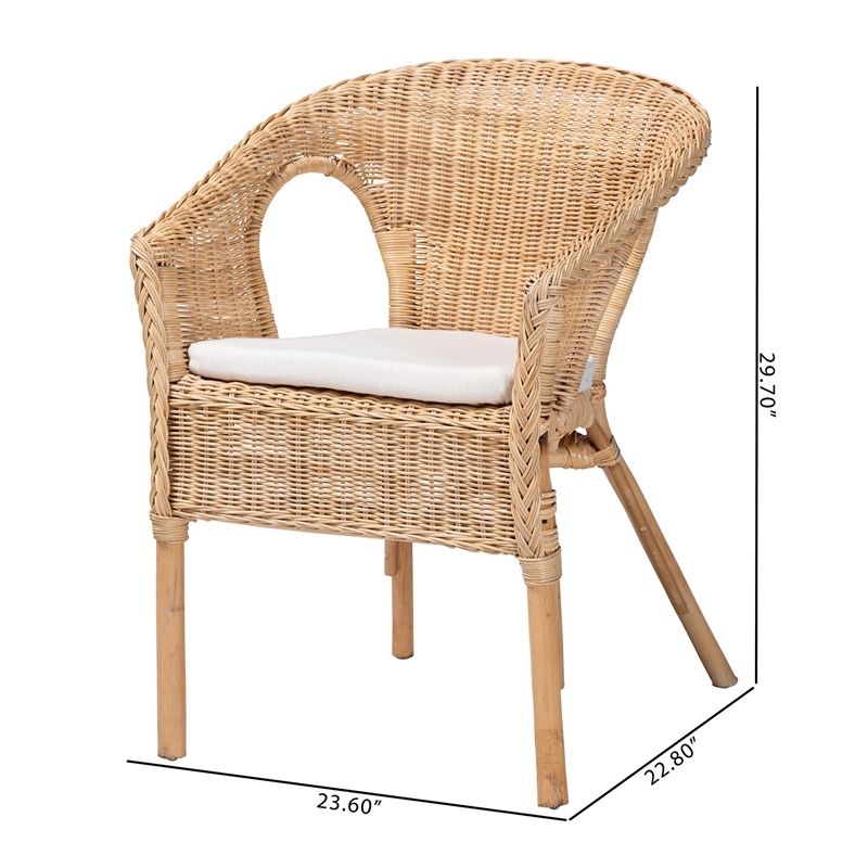 Pemberly Row Natural Rattan Dining Chair with Braided Outline and Cushion