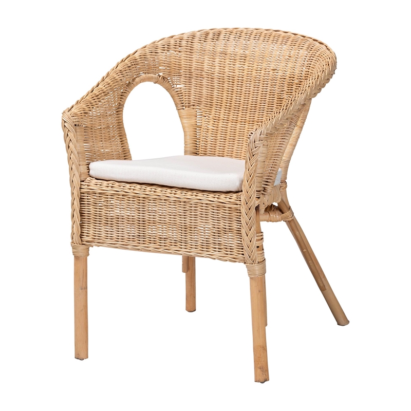 Pemberly Row Natural Rattan Dining Chair with Braided Outline and Cushion
