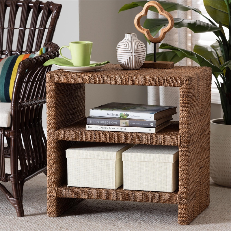 Pemberly Row Natural Seagrass and Acacia Wood 3-Shelf End Table