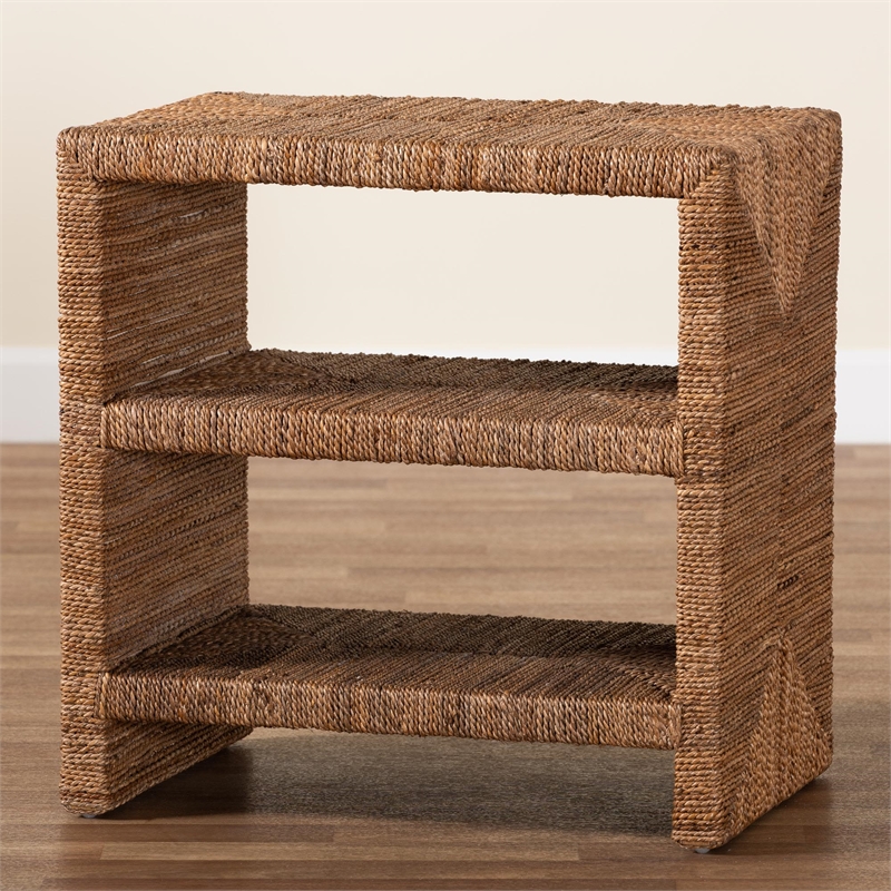 Pemberly Row Natural Seagrass and Acacia Wood 3-Shelf End Table