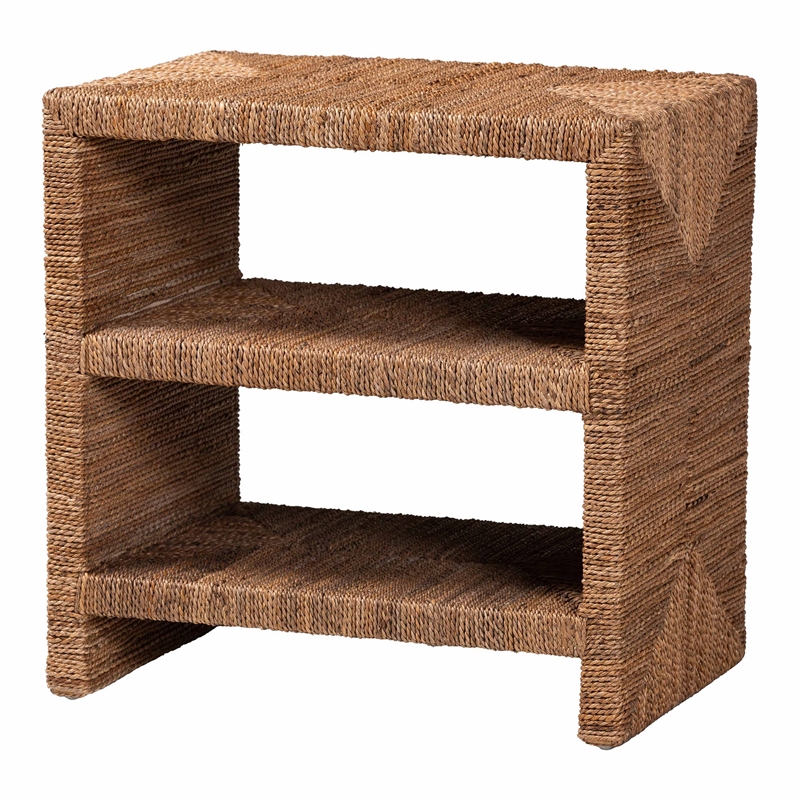 Pemberly Row Natural Seagrass and Acacia Wood 3-Shelf End Table