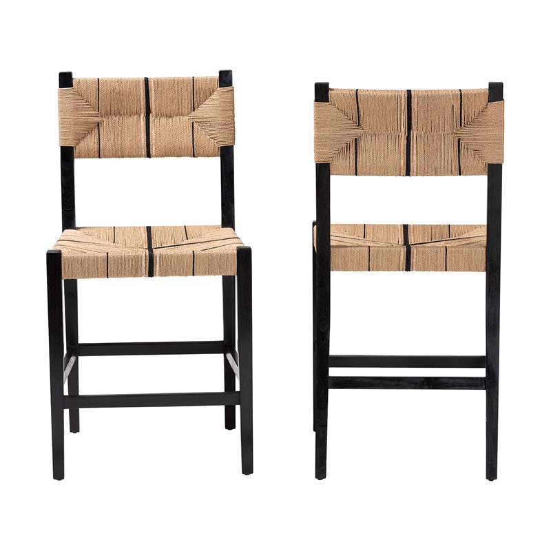 Pemberly Row Paper Loom and Black Mahogany Wood 2-Piece Counter Stool Set