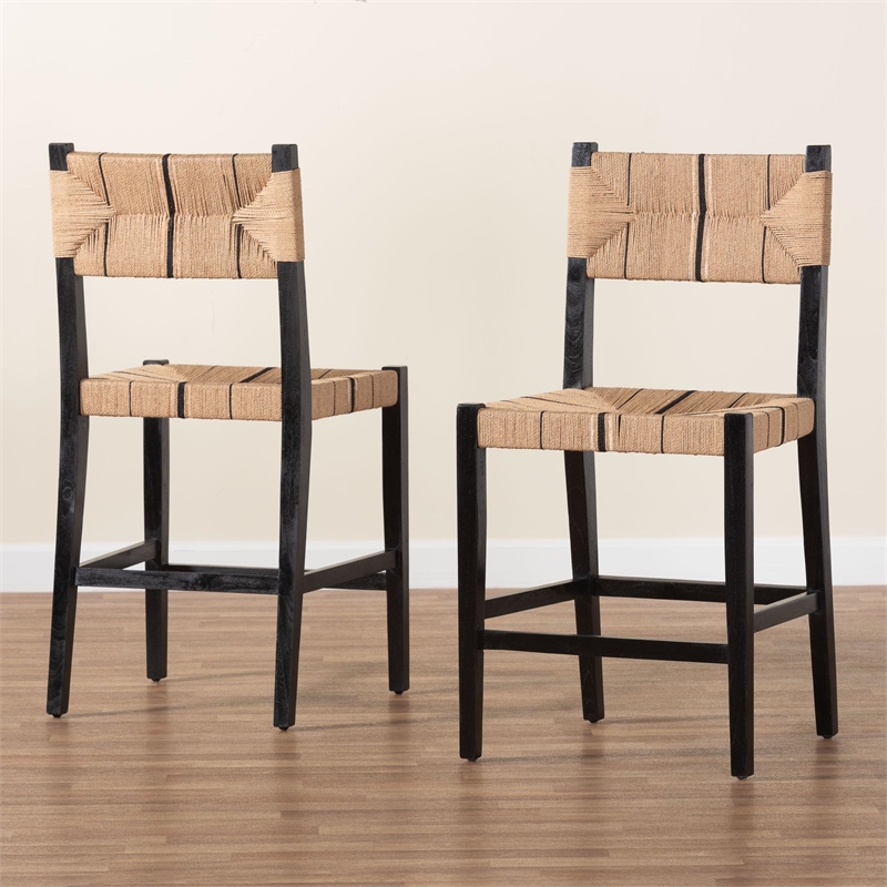Pemberly Row Paper Loom and Black Mahogany Wood 2-Piece Counter Stool Set