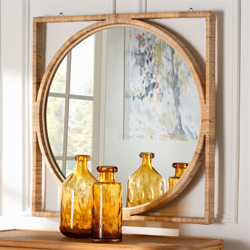 Pemberly Row Contemporary Natural Rattan Square-Frame Round Wall Mirror