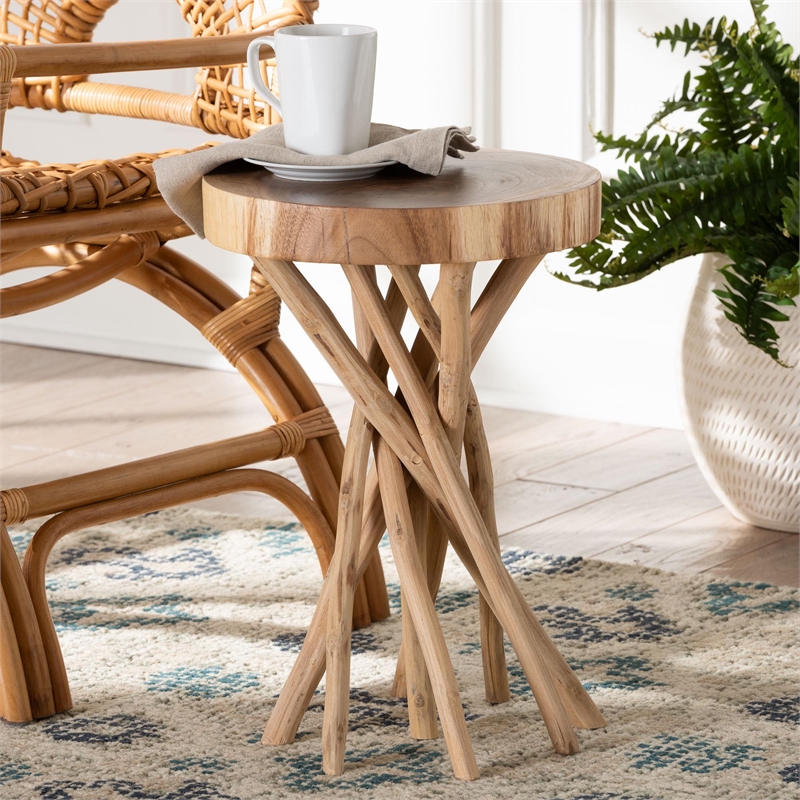 Pemberly Row Contemporary Natural Teak and Mungur Wood Round End Table