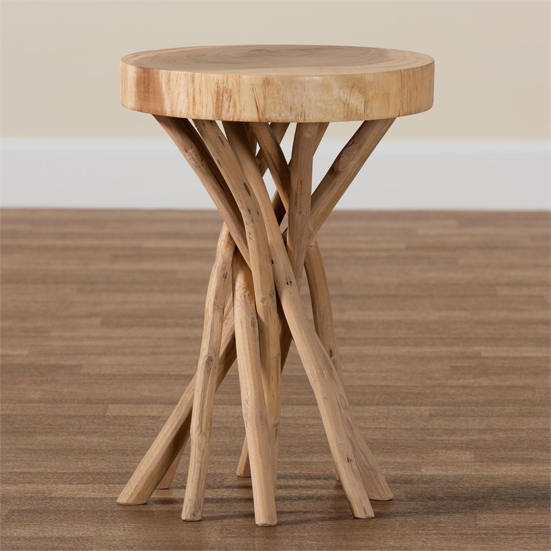 Pemberly Row Contemporary Natural Teak and Mungur Wood Round End Table