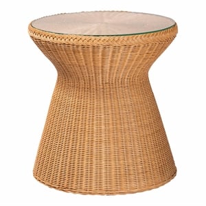 Pemberly Row Light Honey Braided Rattan Hourglass End Table with Glass Top