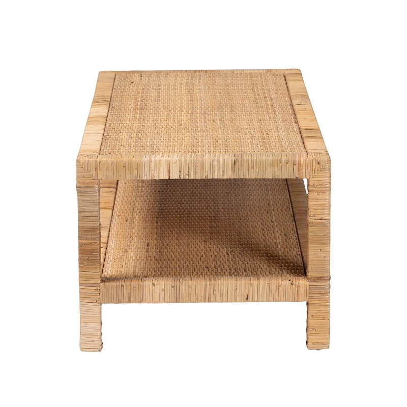 Pemberly Row Light Honey Rattan and Wood Rectangular Coffee Table with Shelf