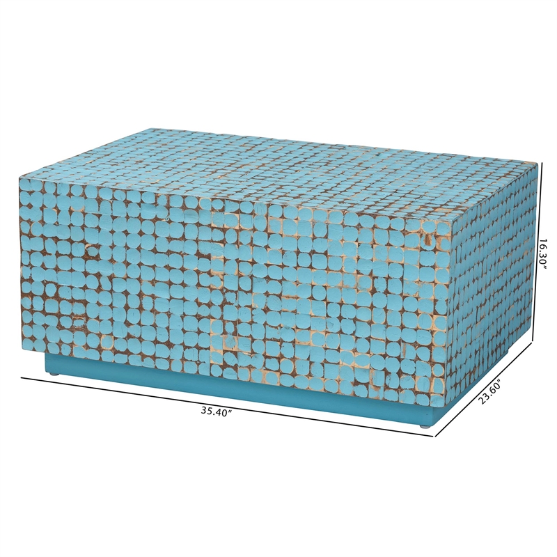 Pemberly Row Blue Coconut Shell and Acacia Wood Rectangular Coffee Table