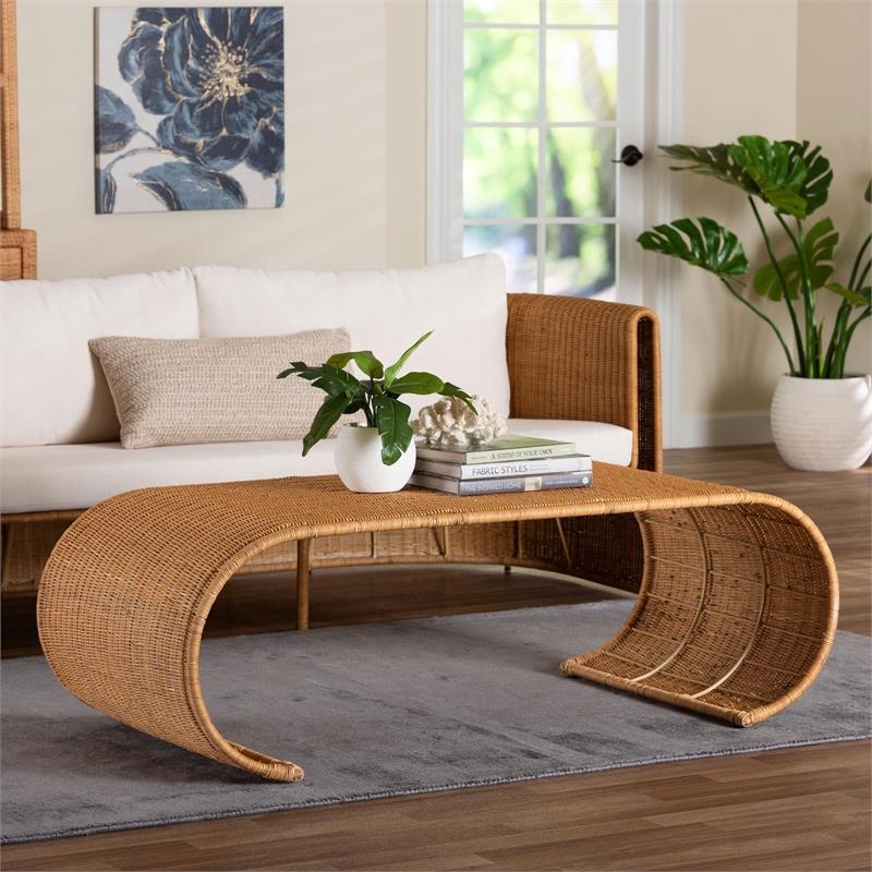 Pemberly Row Natural Rattan Waterfall Coffee Table with Rectangular Top