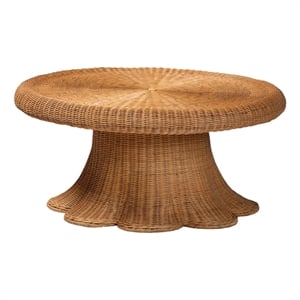 Pemberly Row Natural Rattan Round Coffee Table with Scalloped Pedestal Base