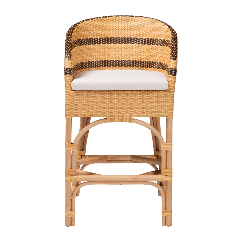 Pemberly Row Rattan Barrel-Back Counter Stool with Cushion and Footrest