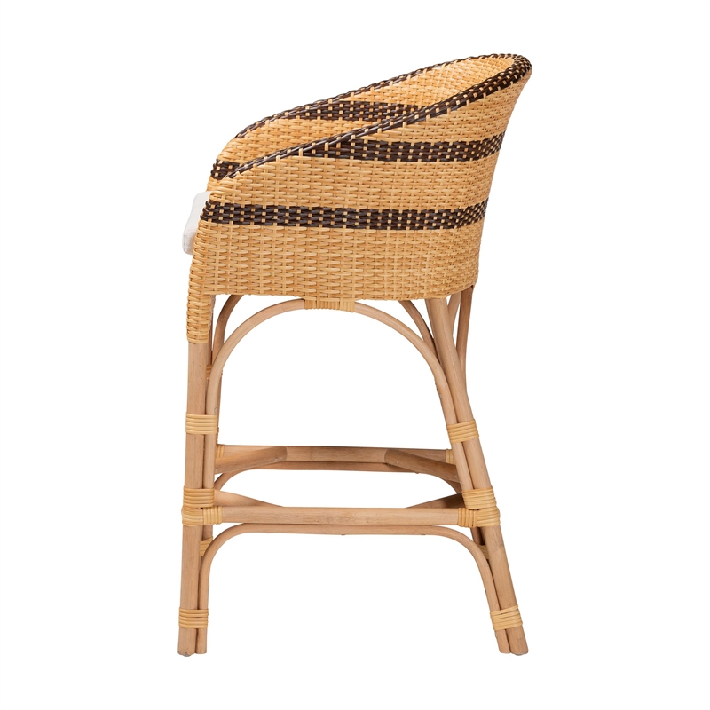 Pemberly Row Rattan Barrel-Back Counter Stool with Cushion and Footrest