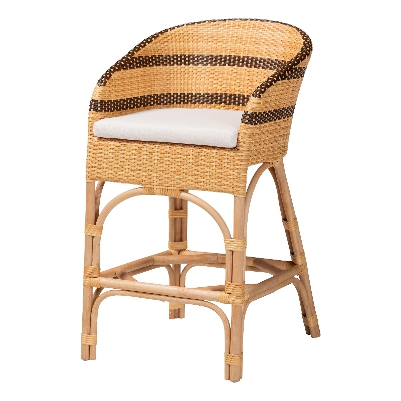 Pemberly Row Rattan Barrel-Back Counter Stool with Cushion and Footrest