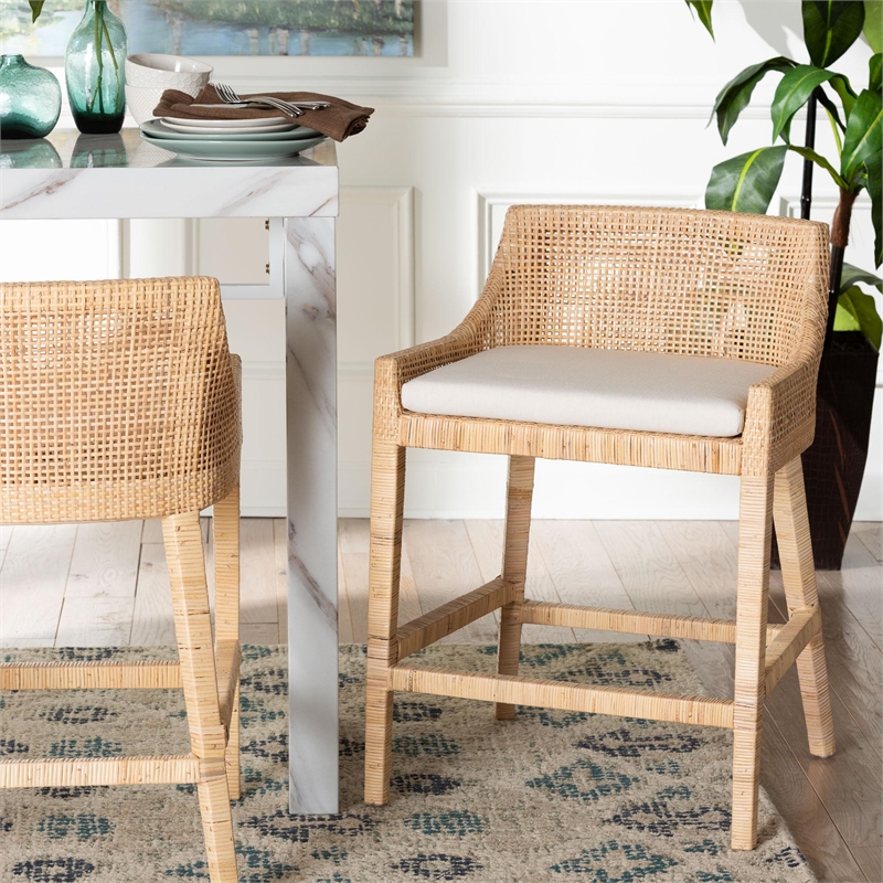 Pemberly Row Rattan Wingback Counter Stool with Cushion and Footrest