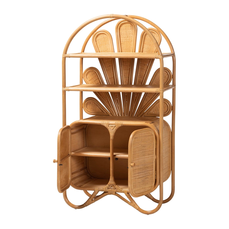Pemberly Row Natural Rattan Peacock Fan Storage Cabinet with Arched Top