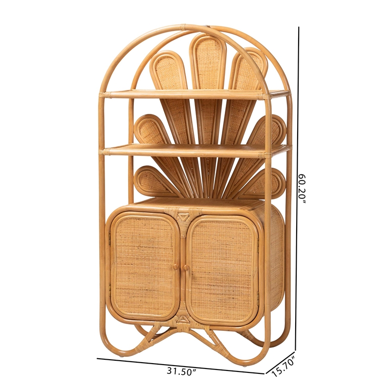 Pemberly Row Natural Rattan Peacock Fan Storage Cabinet with Arched Top