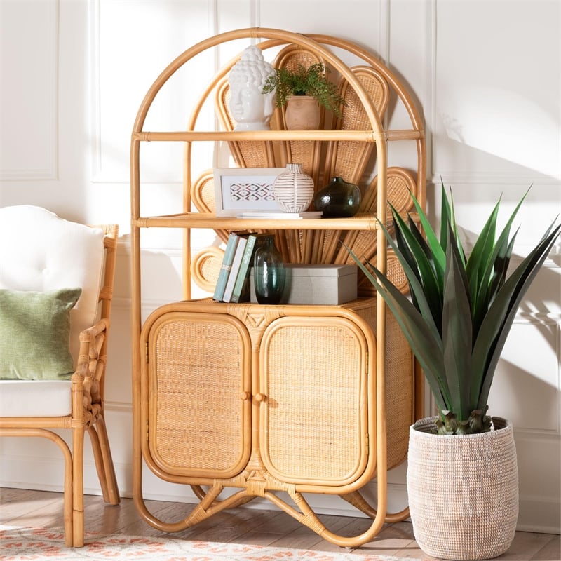 Pemberly Row Natural Rattan Peacock Fan Storage Cabinet with Arched Top