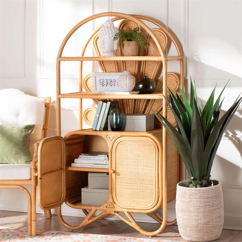 Pemberly Row Natural Rattan Peacock Fan Storage Cabinet with Arched Top