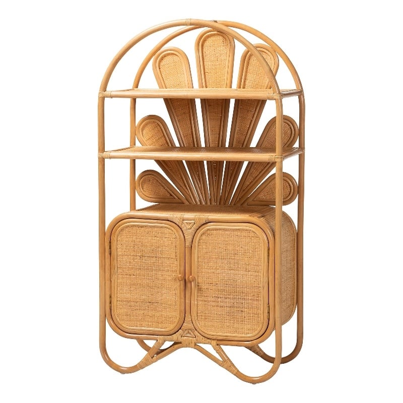 Pemberly Row Natural Rattan Peacock Fan Storage Cabinet with Arched Top