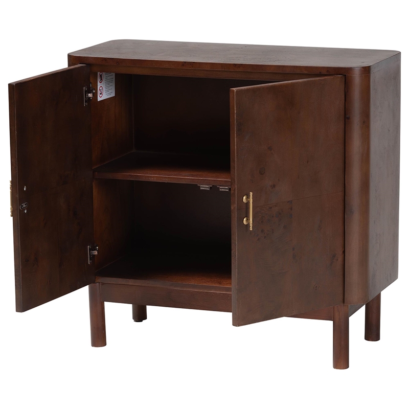Pemberly Row Dark Walnut Burl Wood Storage Cabinet with Brass Handles