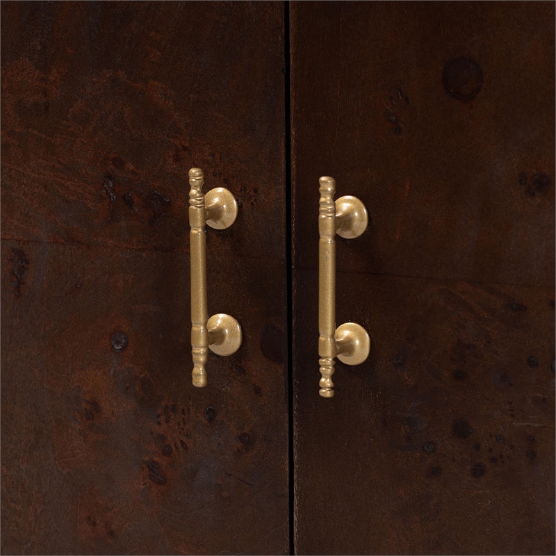 Pemberly Row Dark Walnut Burl Wood Storage Cabinet with Brass Handles