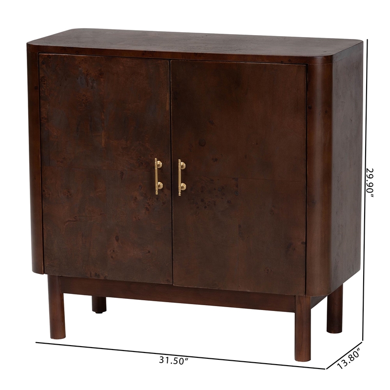 Pemberly Row Dark Walnut Burl Wood Storage Cabinet with Brass Handles