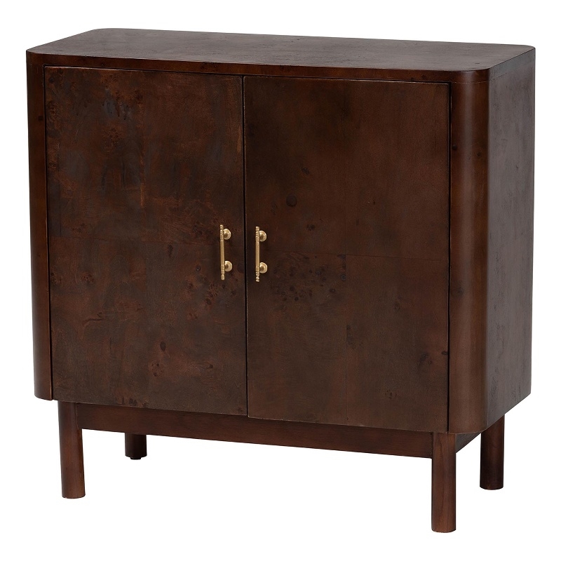 Pemberly Row Dark Walnut Burl Wood Storage Cabinet with Brass Handles