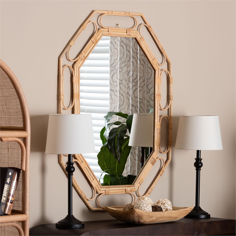 Pemberly Row Natural Rattan Octagonal Wall Mirror with Openwork Frame