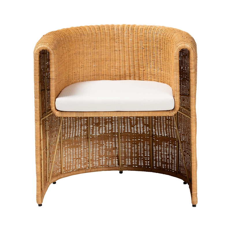 Pemberly Row Natural Rattan Barrel Dining Chair with Removable Cushion