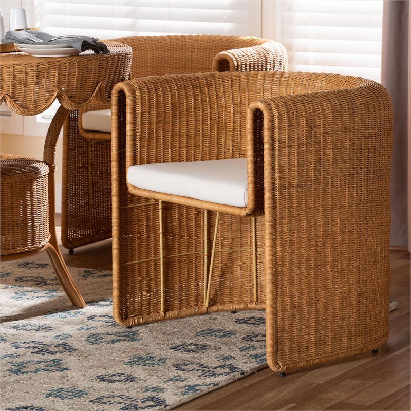 Pemberly Row Natural Rattan Barrel Dining Chair with Removable Cushion