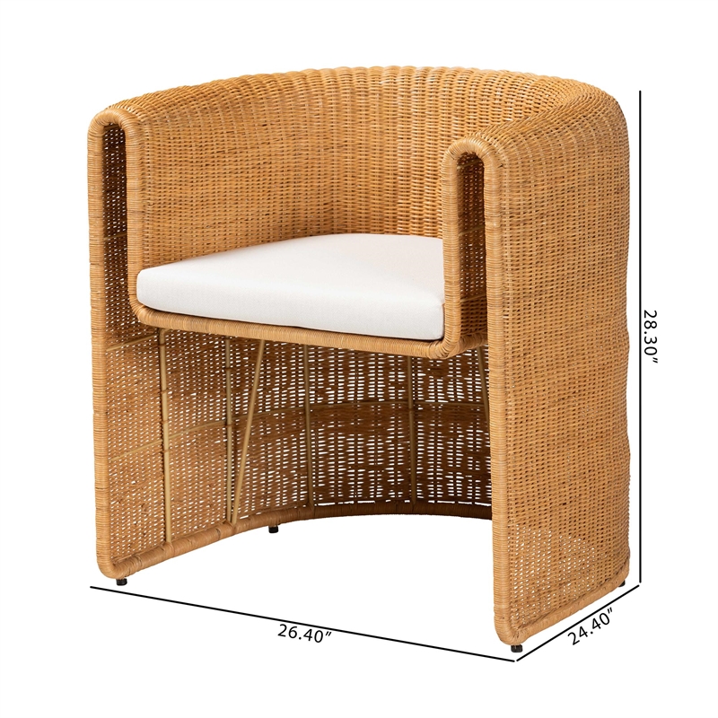 Pemberly Row Natural Rattan Barrel Dining Chair with Removable Cushion