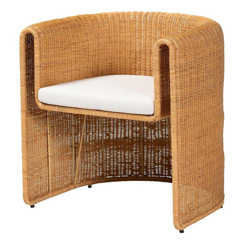 Pemberly Row Natural Rattan Barrel Dining Chair with Removable Cushion