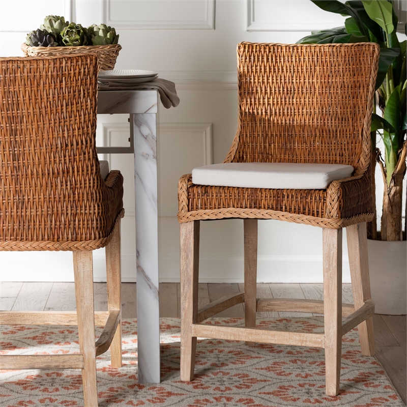 Pemberly Row Natural Rattan Wingback Counter Stool with Braided Detail
