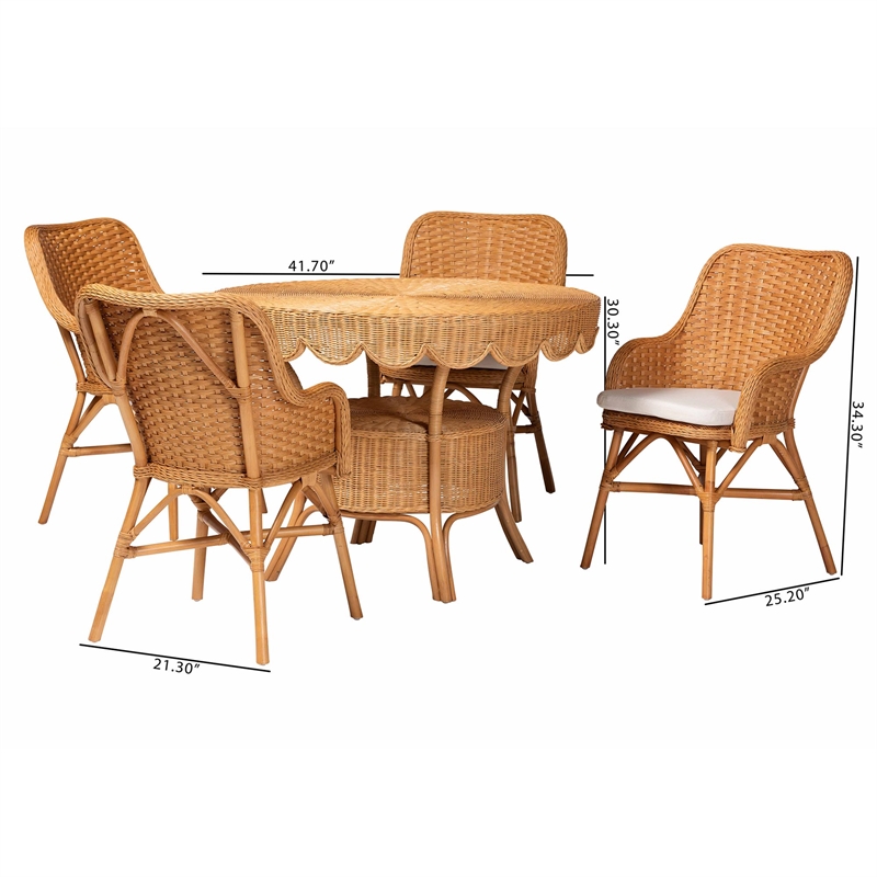 Pemberly Row Natural Rattan 5-Piece Dining Set with Round Scalloped Table