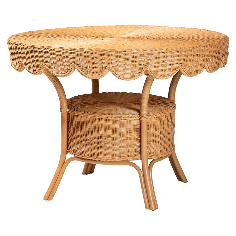 Pemberly Row Natural Rattan 5-Piece Dining Set with Scalloped Round Table