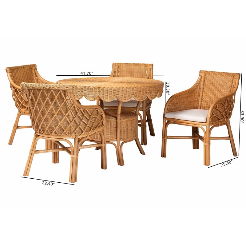 Pemberly Row Natural Rattan 5-Piece Dining Set with Scalloped Round Table