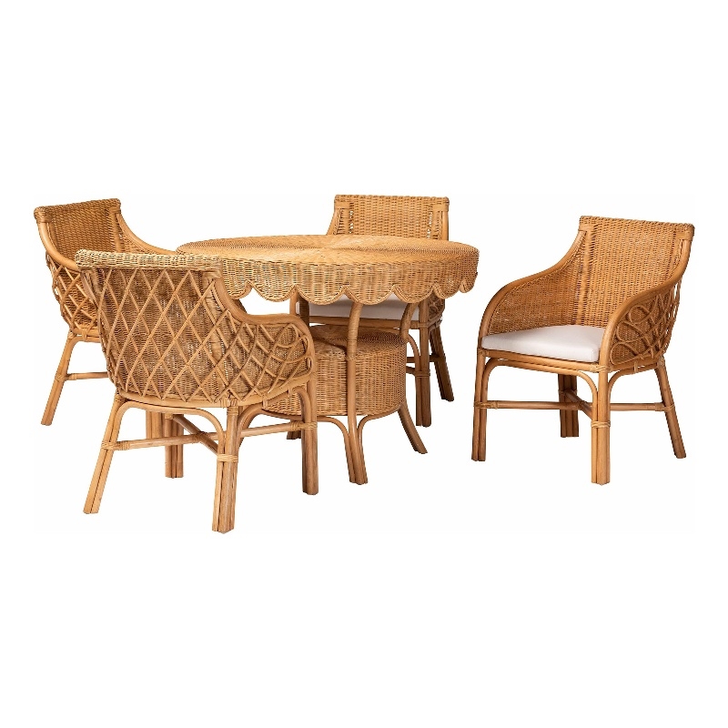 Pemberly Row Natural Rattan 5-Piece Dining Set with Scalloped Round Table