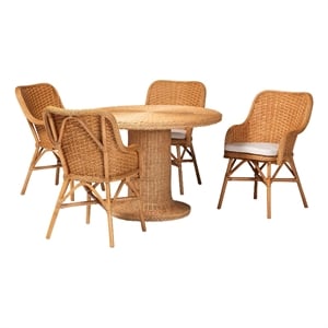 Pemberly Row Natural Rattan 5-Piece Dining Set with Braided Round Table