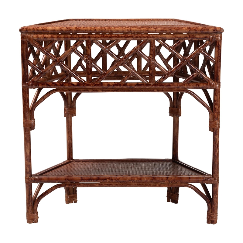 Pemberly Row Marbled Tortoise Rattan Console Table with Lower Shelf