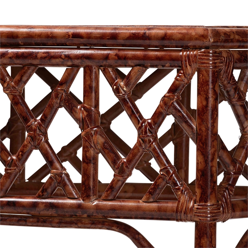 Pemberly Row Marbled Tortoise Rattan Console Table with Lower Shelf