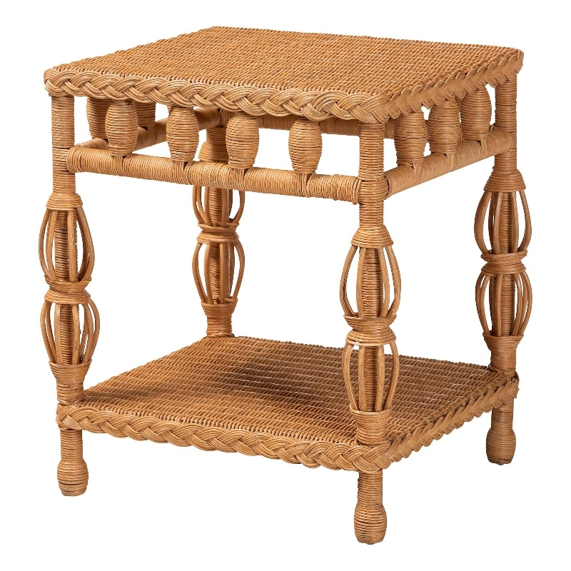 Pemberly Row Natural Rattan End Table with Braided Detail and Open Shelf