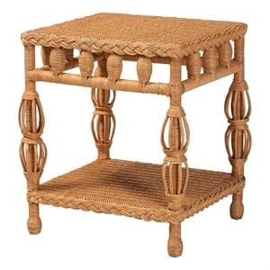 Pemberly Row Natural Rattan End Table with Braided Detail and Open Shelf