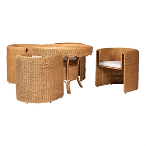 Pemberly Row Natural Rattan 5-Piece Barrel Chair Dining Set with Round Table